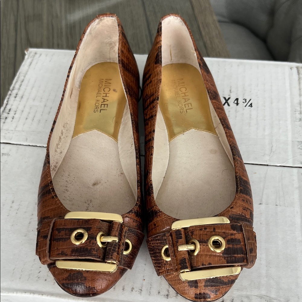 Michael Kors Tan Textured Flats with Gold Buckle